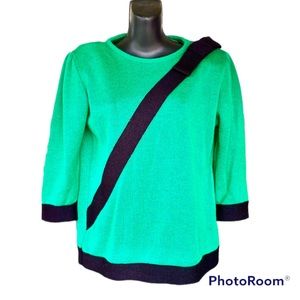 Color Block Bow Emerald Green & Black Short Sleeve Office Party Sweater Small